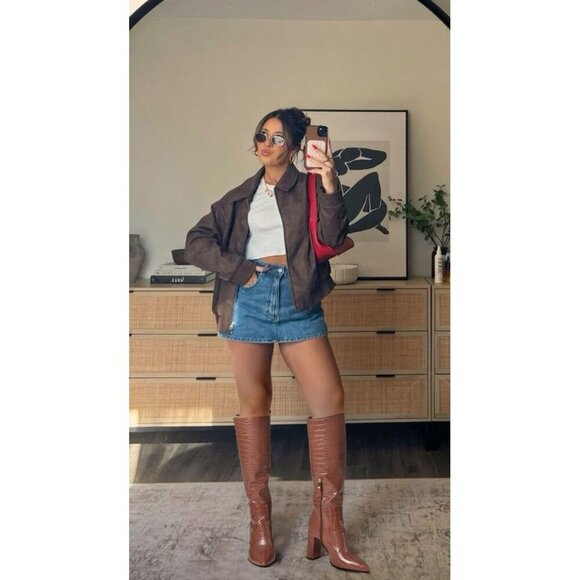 🆕Women Brown Knee High Faux Crocodile Long Tall Pointed Chunky High Heel Boots - Picture 6 of 6